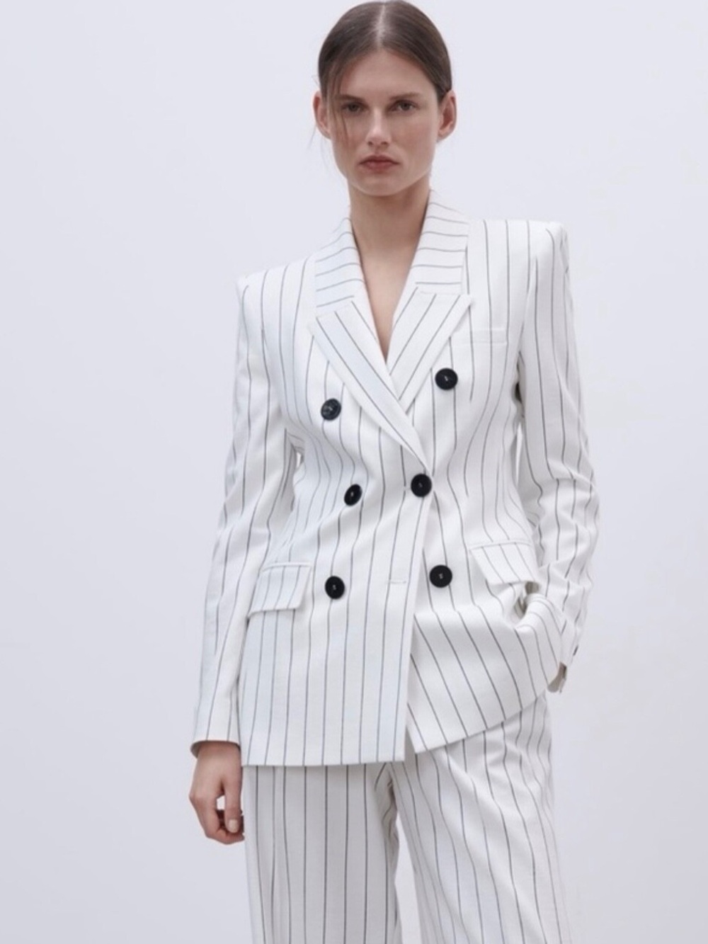 Zara White Black Pinstripe Double-Breasted Blazer Size Small